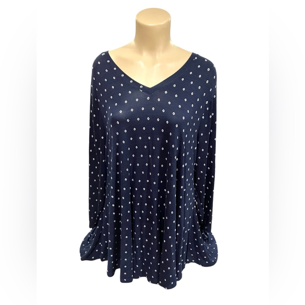 Lane Bryant Blue White Diamonds V-Neck Stretch Top Long Sleeve Blouse Size 18/20